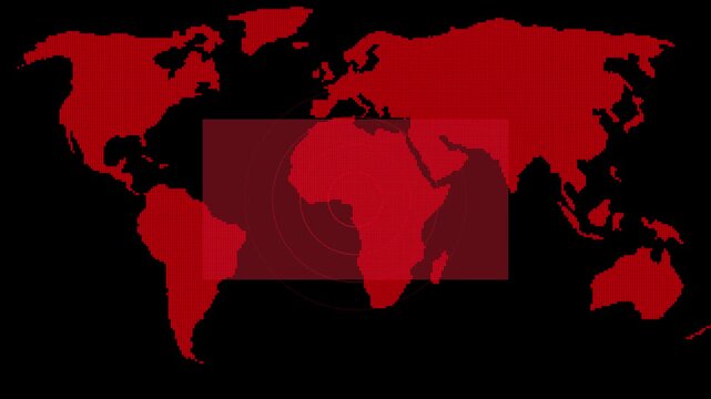Futuristic animated world map with dotted red Africa, rectangular overlay, and concentric circles forming a sleek high-tech geographic visual. World Map Dotted Red Africa Highlighted with Concentric