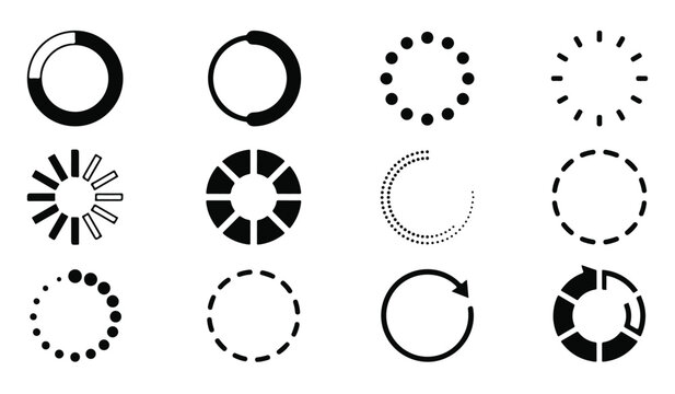 Loading bar and circular progress spinner icons set isolated on white background.