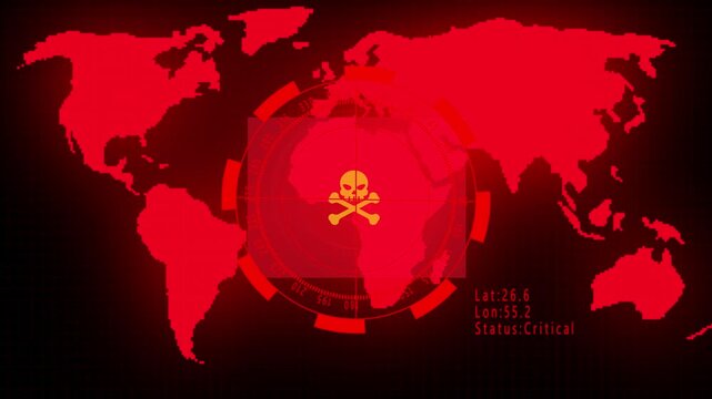 Digital World Map Displaying Global Cyber Threat with Skull and Crossbones Icon and Radar animation. Interactive digital map displaying global cyber risks with skull symbols and radar scanning effects
