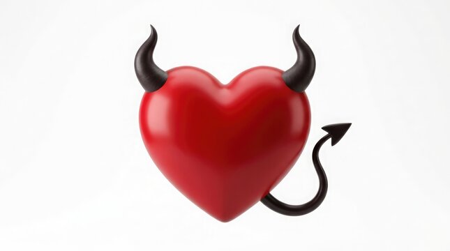 Red heart with devil horns and tail isolated on a plain background isolated on white background