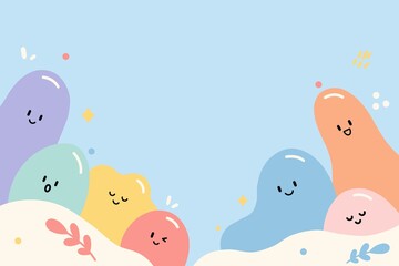 Cute cartoon monster blobs background with happy faces on light blue backdrop