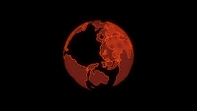 Orange Dotted Globe of Earth on animation Black Background with Visible Continents world planet. Animated orange dotted globe of Earth showing continents, perfect for global, planet, and digital