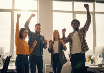 Fototapeta premium Diverse group of colleagues celebrating victory in the office