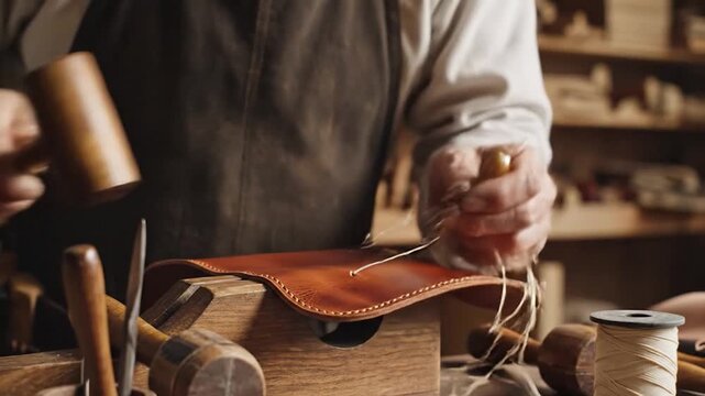 Hands of craftsman stitching handmade leather product.