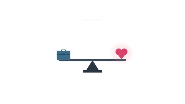 Work life balance concept animation, seesaw with briefcase and heart symbolizing equilibrium