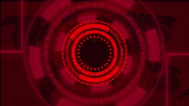 Red Futuristic HUD Interface with World Map Silhouette and Grid Pattern image photo animation. Animated red HUD screen with world map outline and grid pattern, ideal for futuristic tech and global