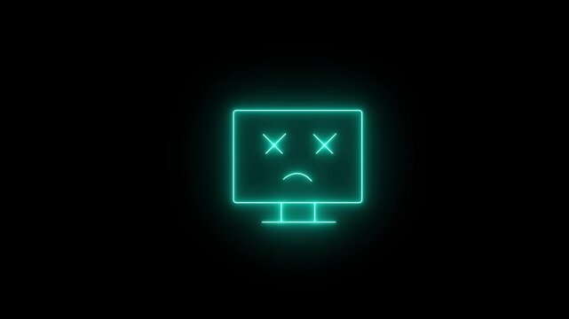 Glowing neon con of a computer monitor displaying a dead/sad face with 'X' eyes and a frown. Animated computer crash, system failure, dead screen, or fatal error icon on a black background.