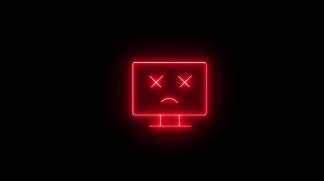 Glowing neon red con of a computer monitor displaying a dead/sad face with 'X' eyes and a frown. Animated computer crash, system failure, dead screen, or fatal error icon on a black background.