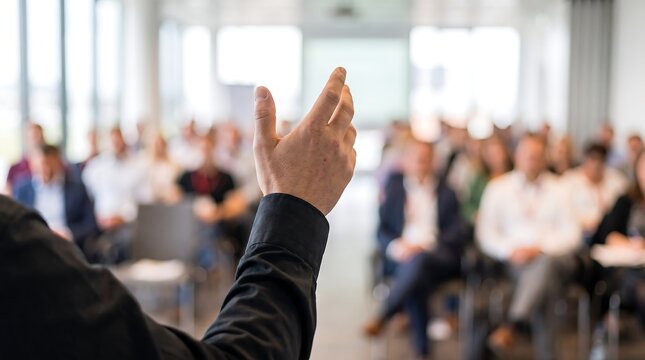 Close up of speaker hand gesturing during presentation at business seminar with blurred audience in background in bright corporate auditorium room for professional training event