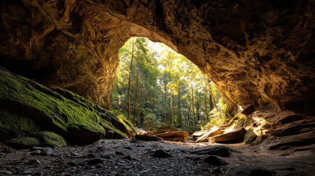 Natural cave opening revealing a lush green forest illuminated by bright sunlight. Ideal for nature.