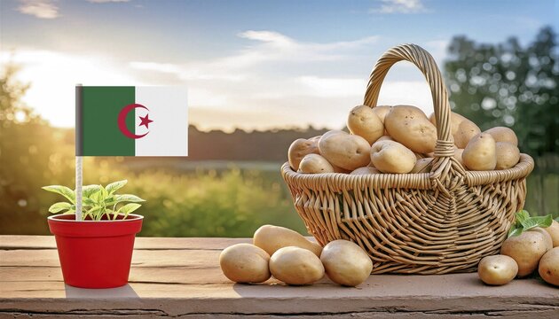 Flag of Algeria planted in a pot with a potato seedling, on a wooden table with a wicker basket full of potatoes, against a farm field at dawn.Algerian agriculture, production, import-export of products and goods concept.AI generated