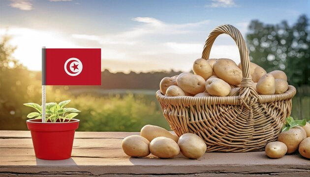Flag of Tunisia planted in a pot with a potato seedling, on a wooden table with a wicker basket full of potatoes, against a farm field at dawn.Tunisian agriculture, production, import-export of products and goods concept.AI generated