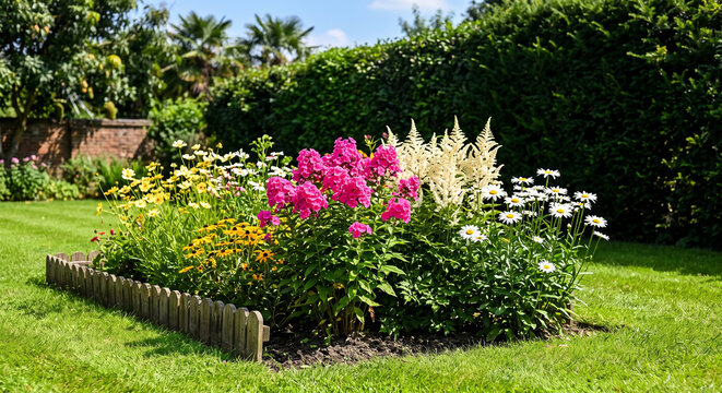 Vibrant summer flower bed featuring pink phlox white astilbe and yellow daisies in lush garden with enclosed small wooden fence sunny garden