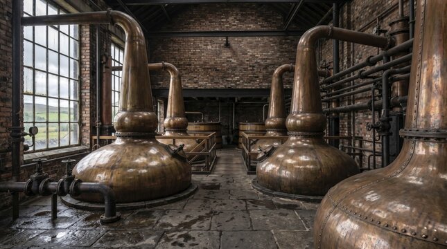 Rows of gleaming copper pot stills stand ready for production within the atmospheric brick walls of an old-world distillery, AI generated