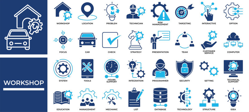 Workshop icon set collection. Containing database, labor, employment, planning, management, option, strategy .Solid vector icons collection