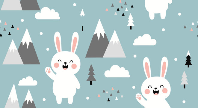 Whimsical vector illustration featuring a charming forest scene with stylized woodland animals, colorful flowers, and decorative trees isolated on a clean white background graphic.
