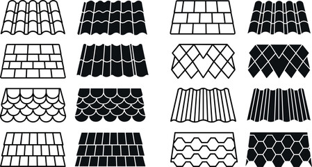 Roofing Tile and Construction Shingle Material Icon Set Featuring Corrugated Metal Sheets, Slate Planks, Clay Tiles, Fish Scale Patterns, and Building Roof Cladding Symbols Vector © Md