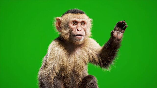 Friendly digital monkey waving hello with smooth animation on a vibrant green screen background for visual effects