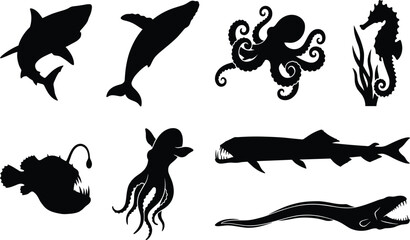 Collection of marine life and deep sea creature silhouettes including shark whale octopus seahorse anglerfish squid and moray eel © Mst