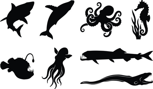 Collection of marine life and deep sea creature silhouettes including shark whale octopus seahorse anglerfish squid and moray eel