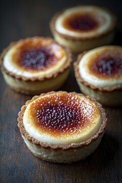 Four decadent dessert tarts are displayed on a dark wood surface. Each tart features a flaky crust filled with a smooth, creamy custard, and a caramelized top, providing a sweet finish, AI generated