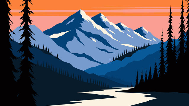 Stylized vector illustration of a scenic mountain landscape with a winding river and pine trees at sunset