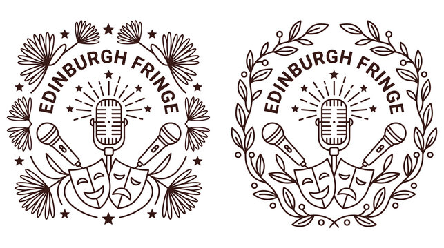 Edinburgh fringe festival logos set with microphones, theater masks and decorative elements.