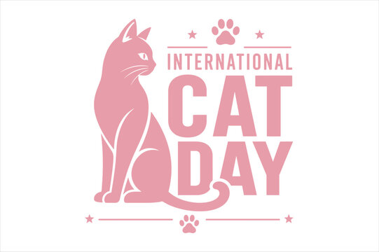 International cat day badge with pink silhouette illustration, international