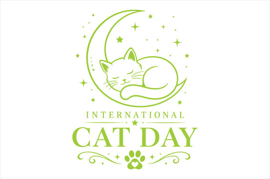 International cat day logo with sleeping kitty on crescent moon, international