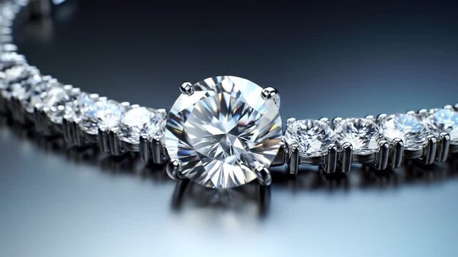 Luxury diamond necklace on a reflective blue surface.