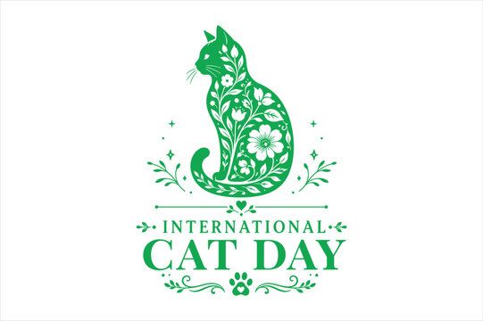 International cat day emblem featuring floral patterned sitting cat silhouette