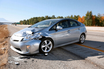 Fototapeta premium Wrecked silver car on the side of the road with visible damage and empty highway in the background
