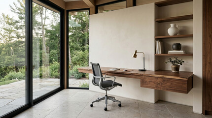 Obraz premium Modern Home Office with Natural Wood Desk and Large Window Overlooking Forest