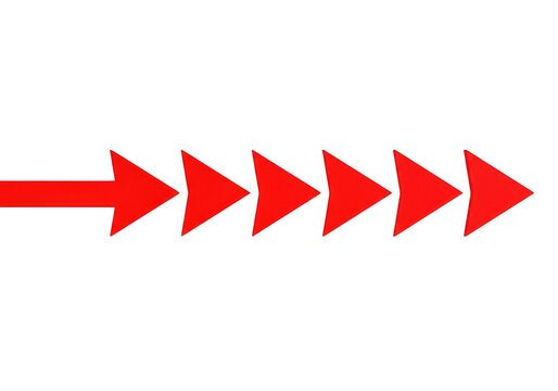 A row of red arrow icons pointing to the right side for navigation and direction isolated on transparent background