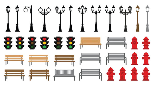 Street furniture set featuring various lampposts and park benches with fire hydrants icons.