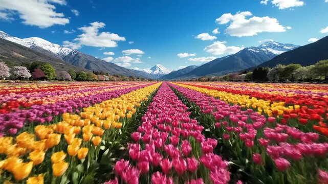 Field of tulips with mountain background.