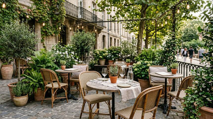 Obraz premium Charming outdoor restaurant terrace with wicker chairs and lush green plants in old European town