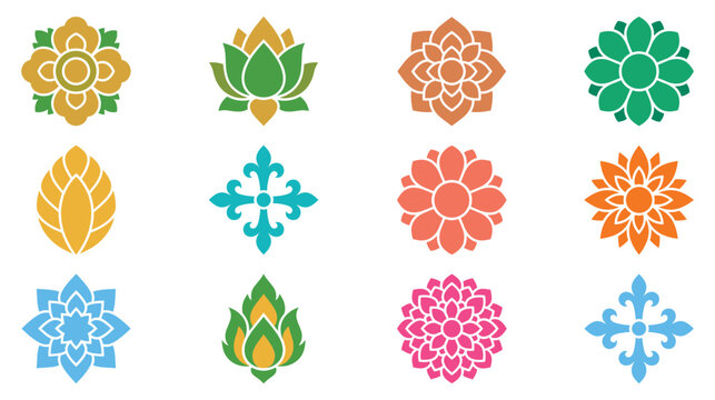 Thai traditional flower pattern set with colorful lotus and geometric ornament collection.