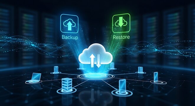Cloud data backup and restore concept. Digital server storage and network synchronization.