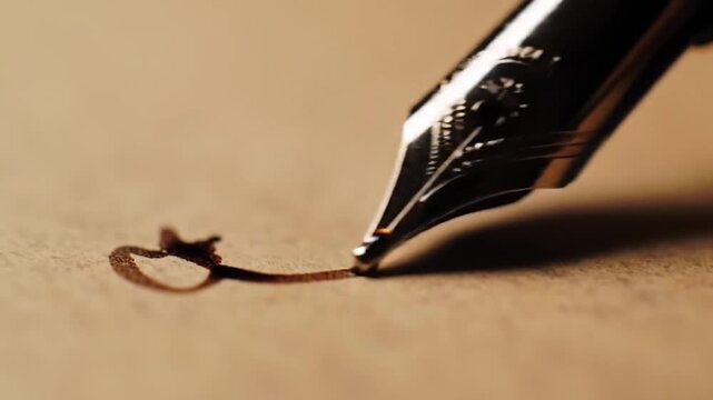 Fountain pen nib touching paper with black ink drop.