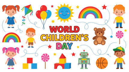 Fototapeta premium World childrens day with kids toys sun rainbow robot teddy bear kite balloons.