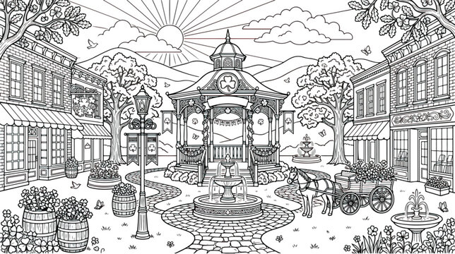 Vintage small town square coloring page vector, quaint village main street with gazebo and horse carriage, nostalgic old fashioned city park illustration