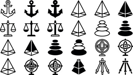 Naklejka premium Conceptual Icon Set with Law Scales, Marine Anchors, Geometric Pyramids, Balanced Spa Stones, and Astronomy Globes for Science, Philosophy, and Education Vector Projects