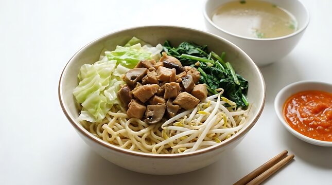 Traditional chicken noodles with broth and sambal.