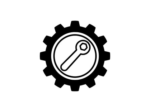 Industrial gear and wrench icon, black mechanical cogwheel symbol, technical repair and maintenance vector sign for engineering services