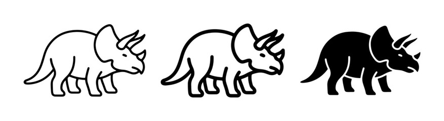Triceratops Dinosaur Icons, Simple Line Art and Silhouette Vector Graphics for Paleontology and Kids' Themes © Rahim