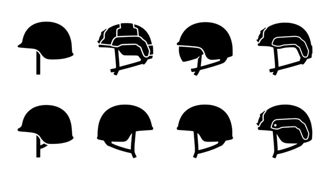 Military helmet silhouettes, tactical headgear, army protection, soldier equipment vector icons