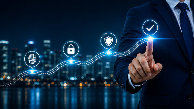 Cybersecurity roadmap with glowing digital milestones showing biometric identity secure access data protection risk management and verified success touched by business professional 