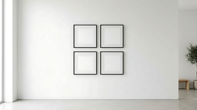 Four empty square picture frames hanging on a clean minimal wall in a bright room.