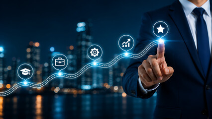 Fototapeta premium Career development roadmap with glowing milestones showing education employment skills productivity advancement and professional success touched by business leader 